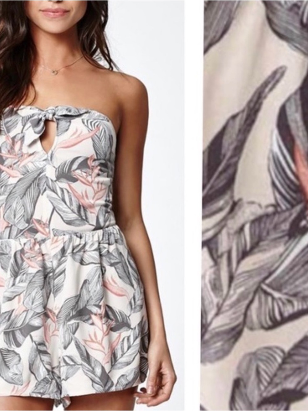 Kendall & Kylie Strapless Tropical Leaf Romper - Pink & Gray